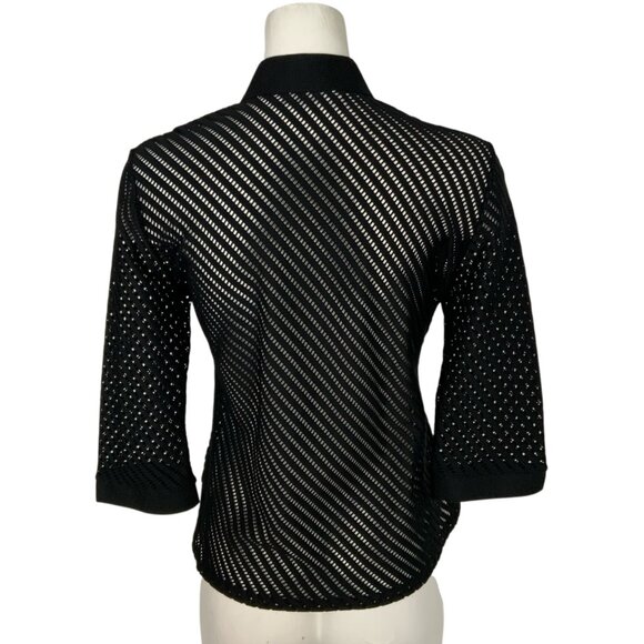 Rayure Cheron Blouse 44 US/L Black 3/4 Length Sleeve Perforated Unlined V-Neck - Picture 2 of 14